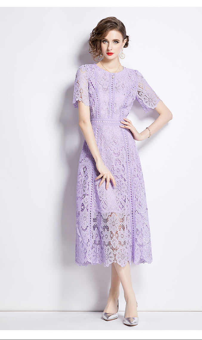 Floral Guipure Lace Short Sleeve Midi Dress