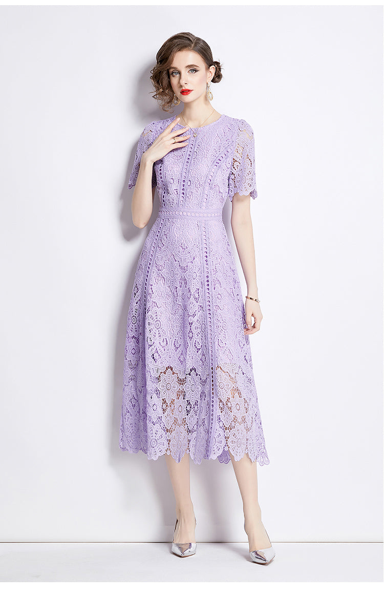 Floral Guipure Lace Short Sleeve Midi Dress