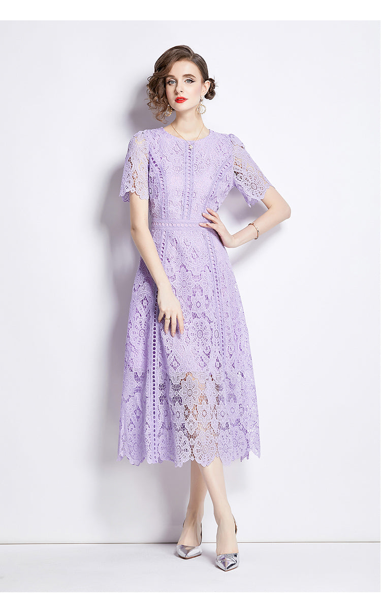 Floral Guipure Lace Short Sleeve Midi Dress