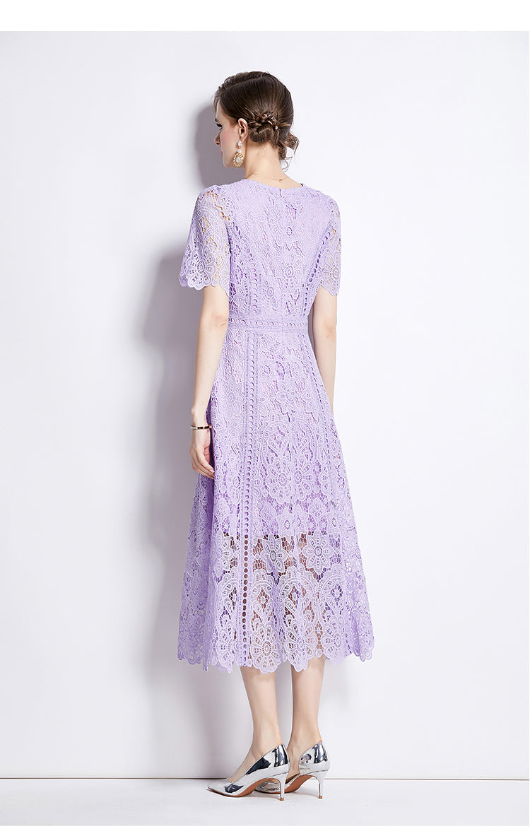 Floral Guipure Lace Short Sleeve Midi Dress