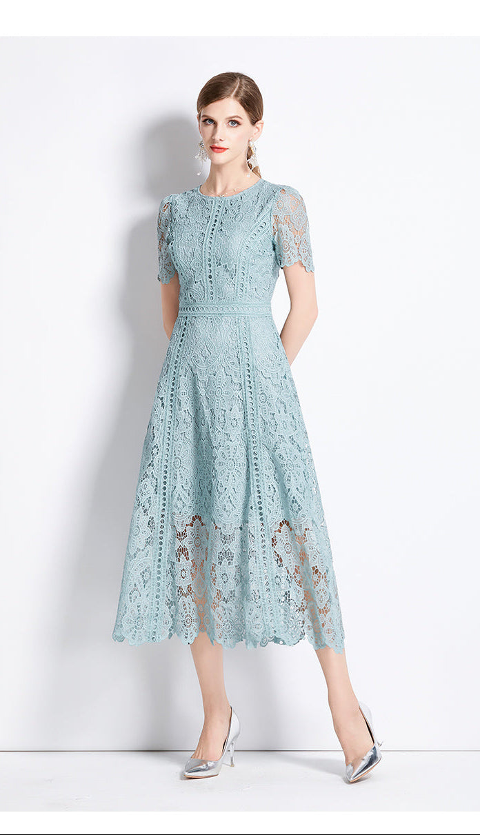 Floral Guipure Lace Short Sleeve Midi Dress