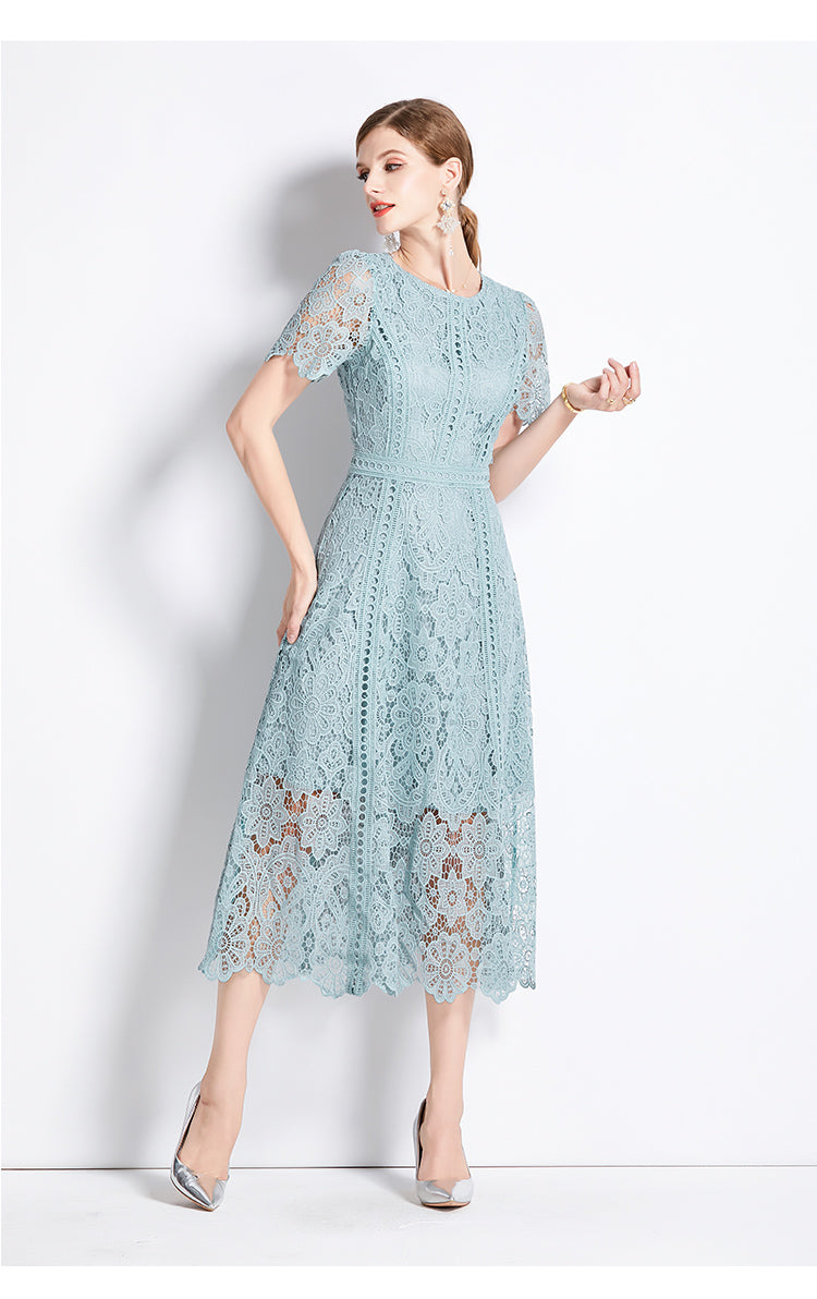 Floral Guipure Lace Short Sleeve Midi Dress