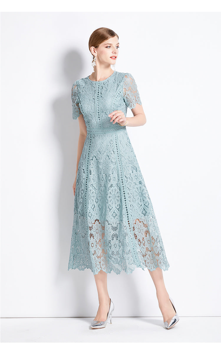 Floral Guipure Lace Short Sleeve Midi Dress