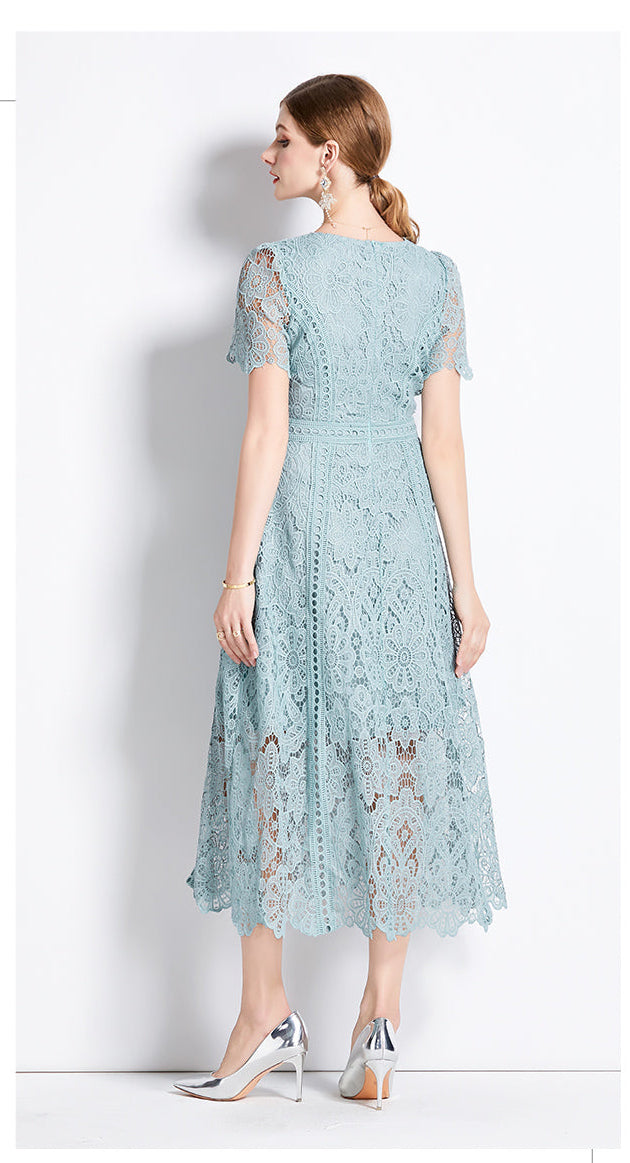 Floral Guipure Lace Short Sleeve Midi Dress