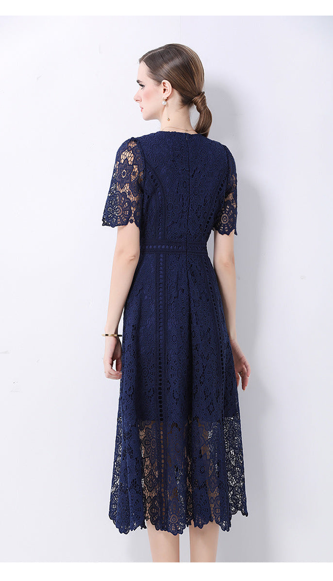 Floral Guipure Lace Short Sleeve Midi Dress