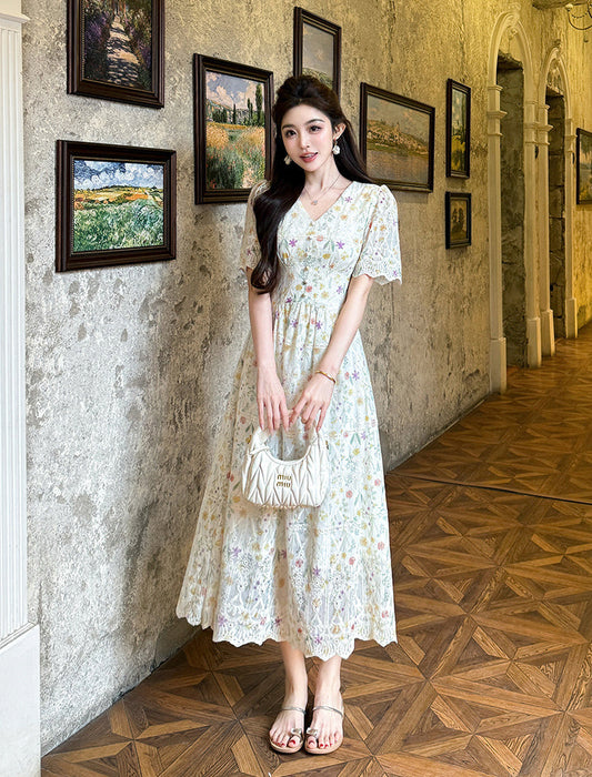 Floral Embroidered Lace Maxi Dress-V-Neck Puff Sleeve Cottagecore Gown