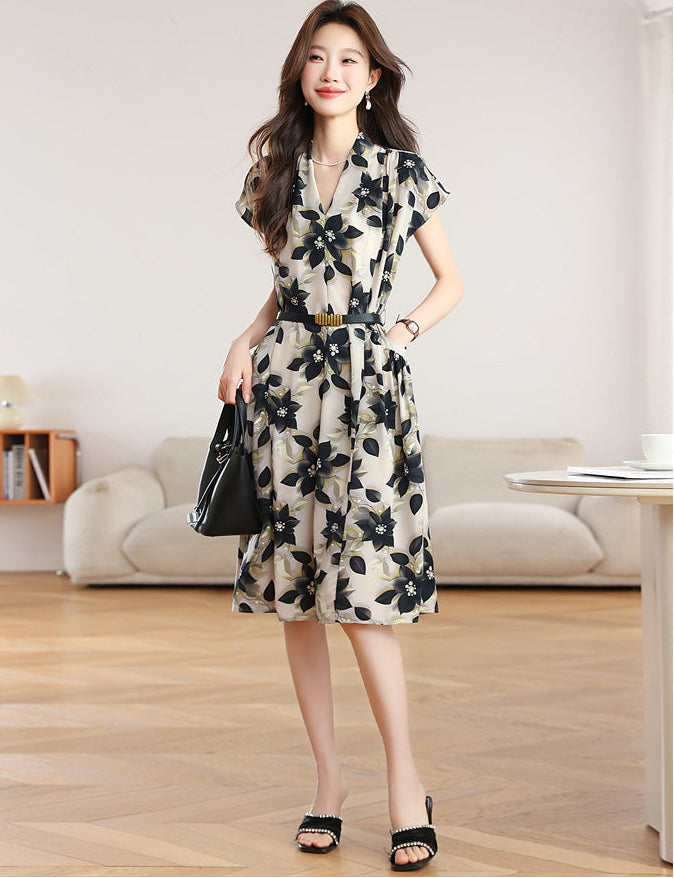 Vintage-Inspired Cap Sleeve Botanical Tea Dress