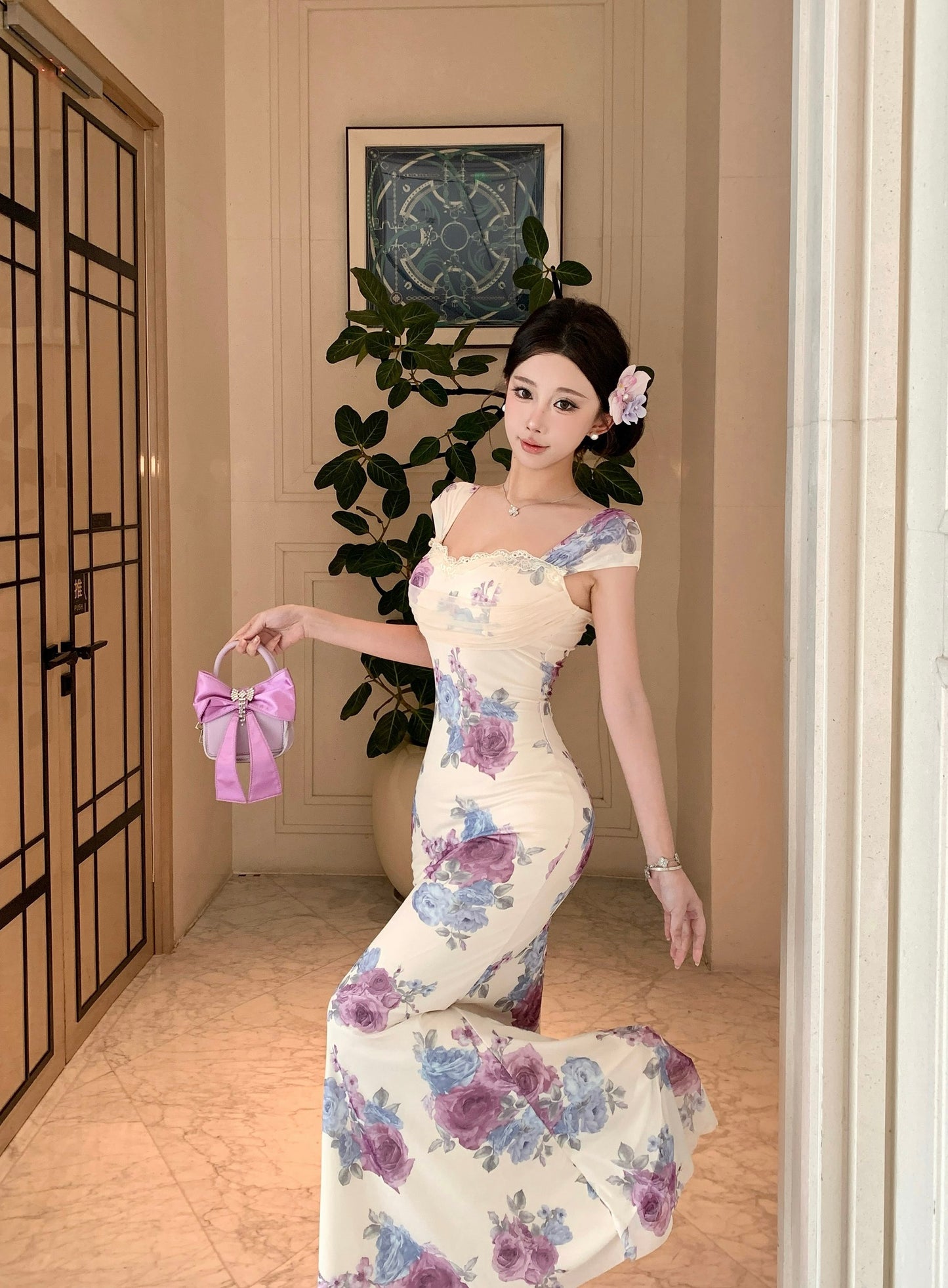 Floral Off-The-Shoulder Ruched Bust Lace-Trim Mermaid Maxi Dress