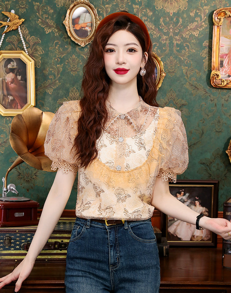 Vintage Rose Victorian Lace Puff-Sleeve Blouse