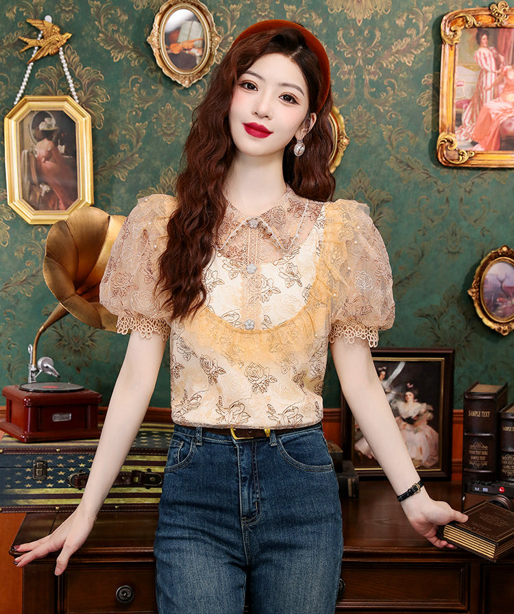 Vintage Rose Victorian Lace Puff-Sleeve Blouse