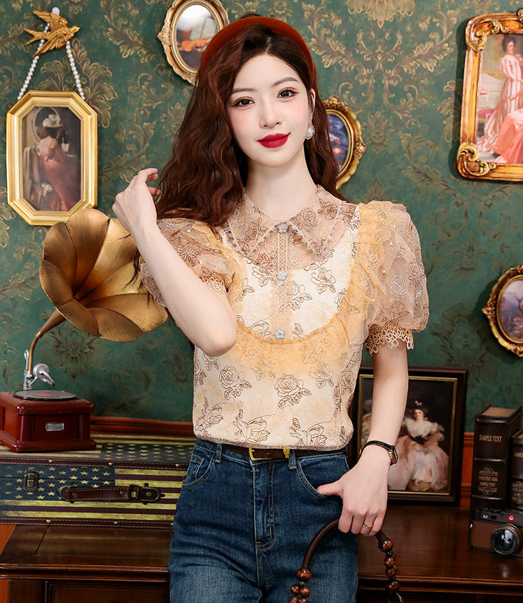 Vintage Rose Victorian Lace Puff-Sleeve Blouse