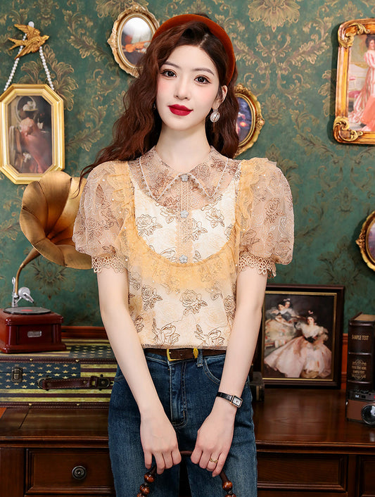 Vintage Rose Victorian Lace Puff-Sleeve Blouse