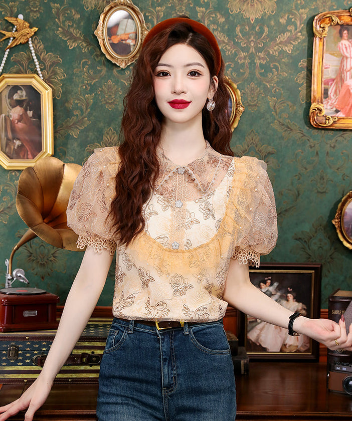 Vintage Rose Victorian Lace Puff-Sleeve Blouse
