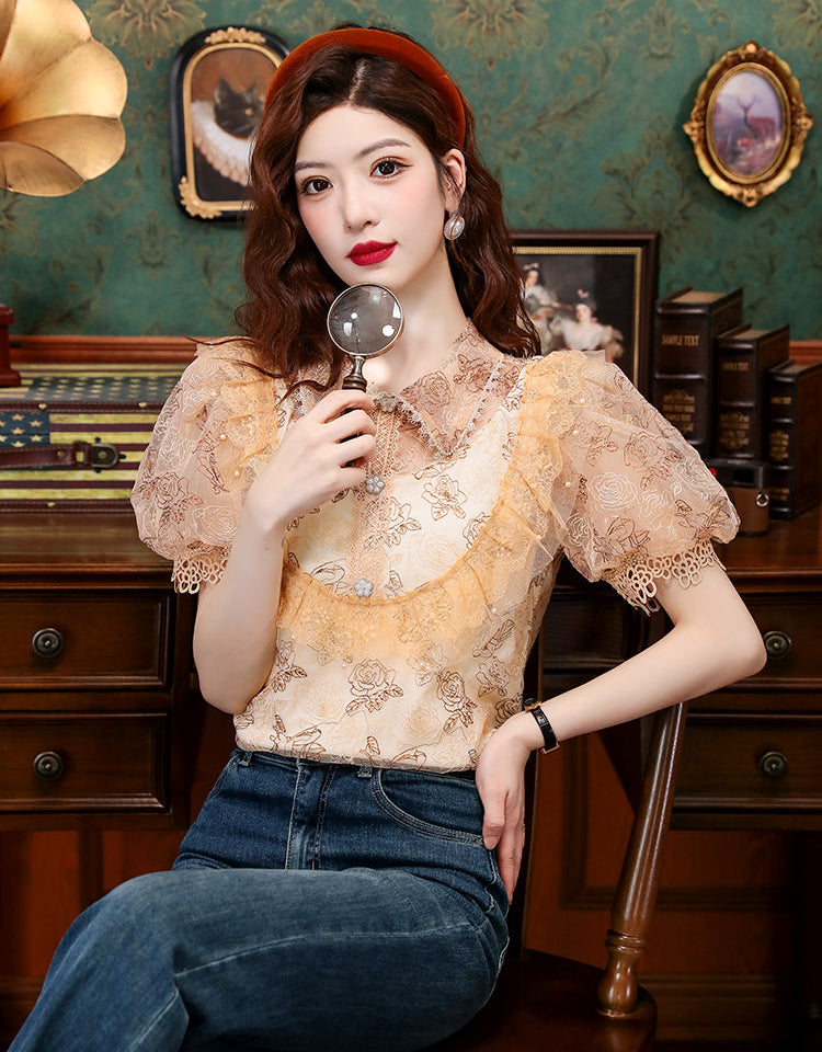 Vintage Rose Victorian Lace Puff-Sleeve Blouse