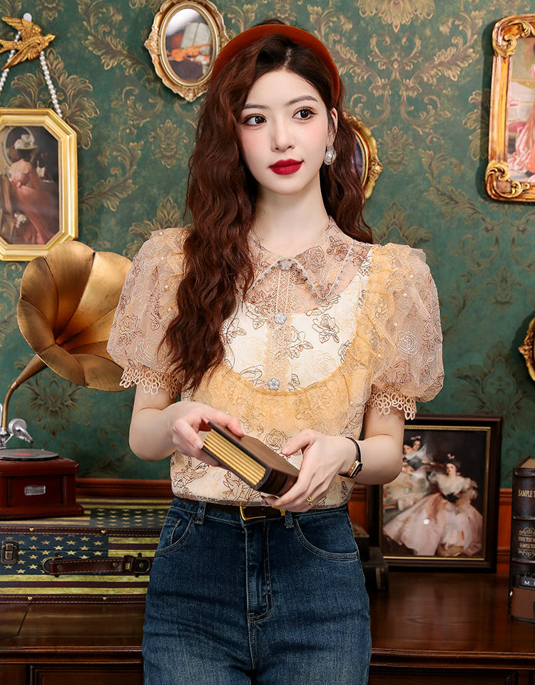 Vintage Rose Victorian Lace Puff-Sleeve Blouse