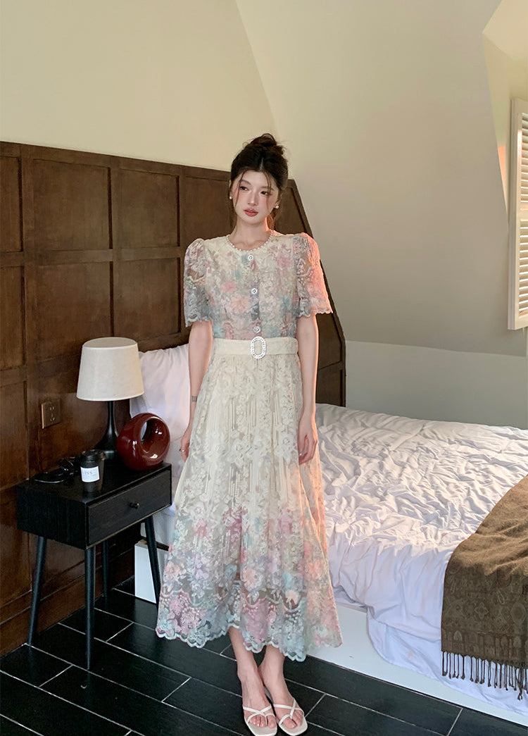 French Style Floral Overlay Puff Sleeve Lace Dress