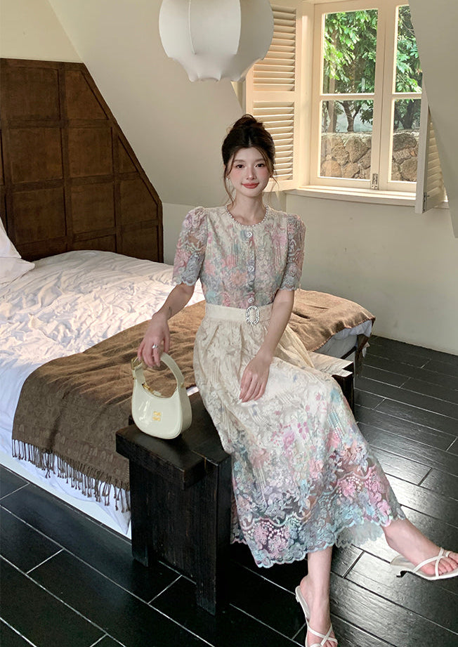 French Style Floral Overlay Puff Sleeve Lace Dress