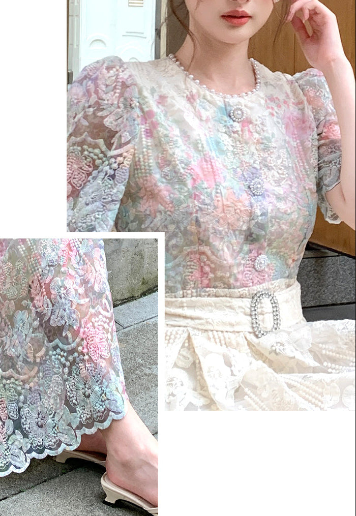 French Style Floral Overlay Puff Sleeve Lace Dress