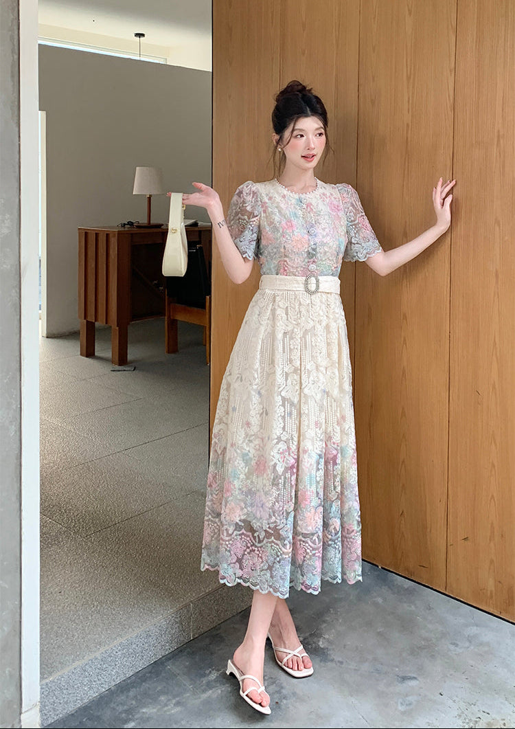 French Style Floral Overlay Puff Sleeve Lace Dress