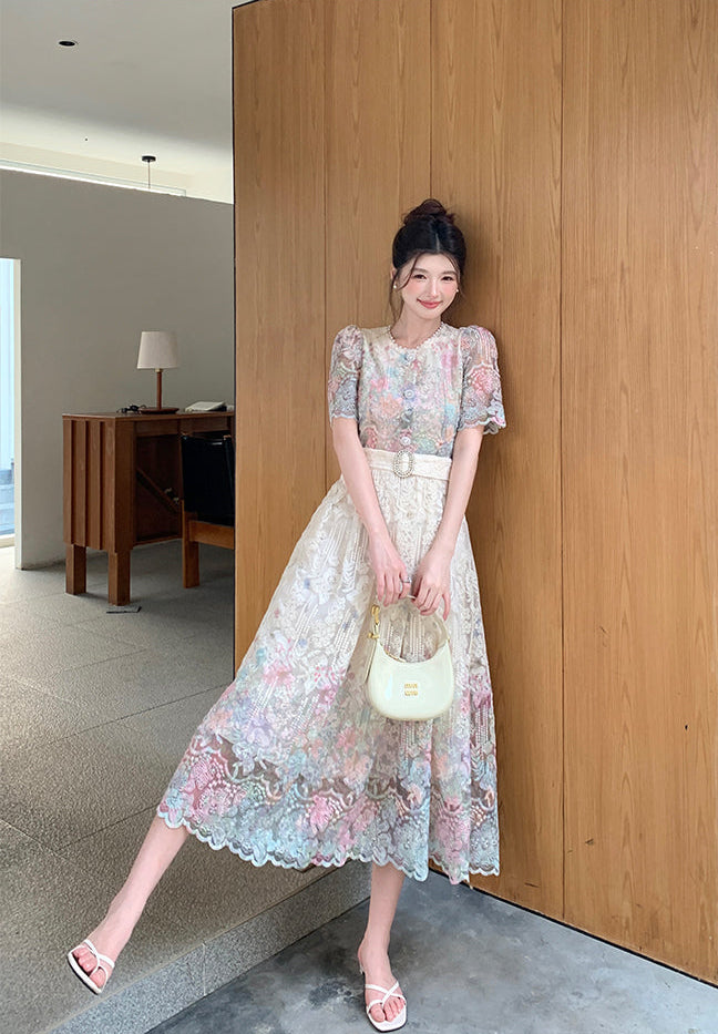 French Style Floral Overlay Puff Sleeve Lace Dress