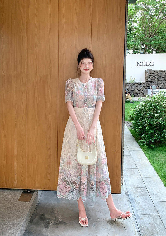 French Style Floral Overlay Puff Sleeve Lace Dress