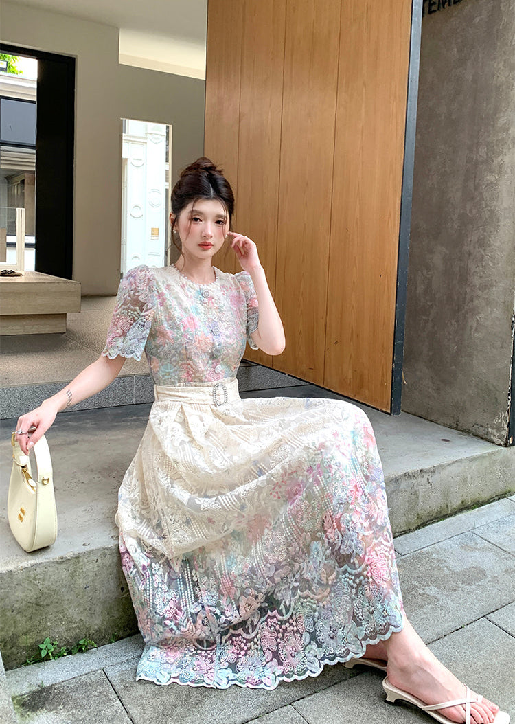 French Style Floral Overlay Puff Sleeve Lace Dress