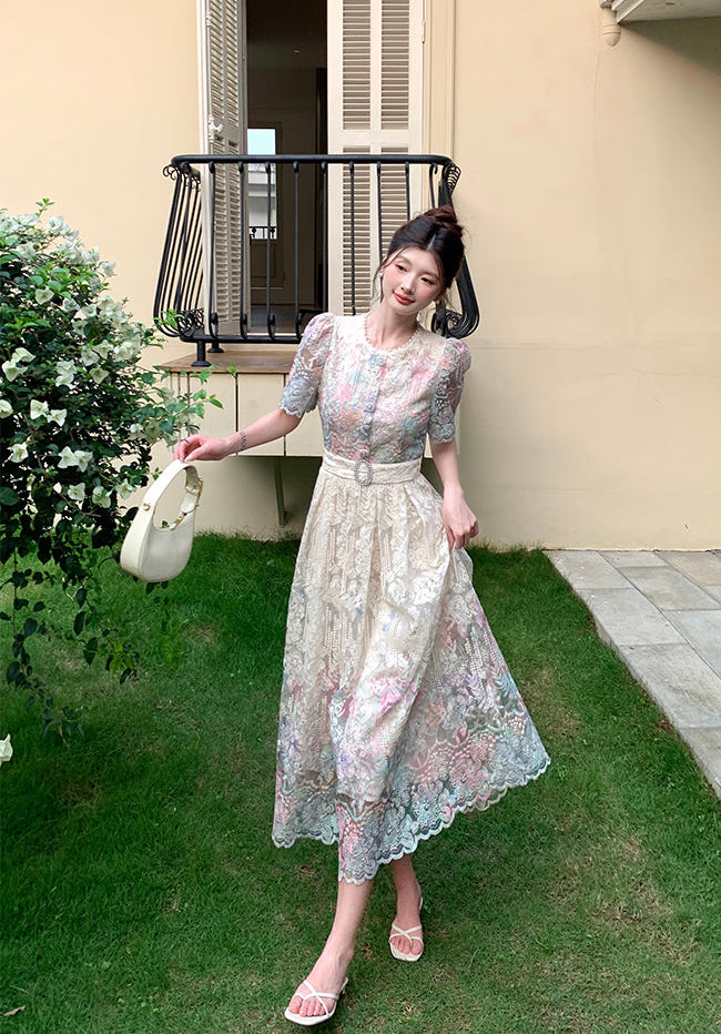 French Style Floral Overlay Puff Sleeve Lace Dress