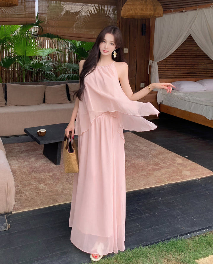 Gentle And Youthful Chiffon Two-Piece Set With Camisole Top and Skirt