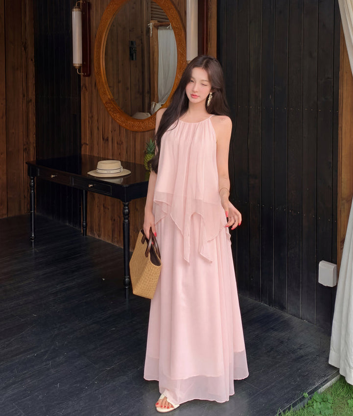 Gentle And Youthful Chiffon Two-Piece Set With Camisole Top and Skirt