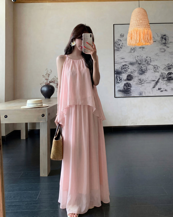 Gentle And Youthful Chiffon Two-Piece Set With Camisole Top and Skirt