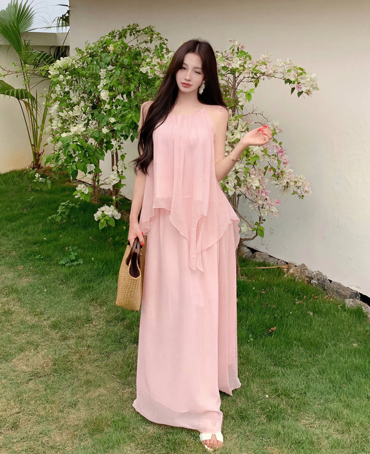 Gentle And Youthful Chiffon Two-Piece Set With Camisole Top and Skirt