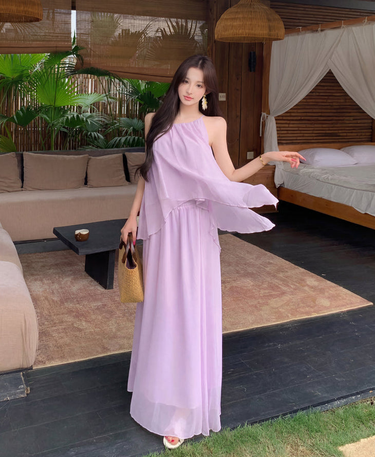Gentle And Youthful Chiffon Two-Piece Set With Camisole Top and Skirt