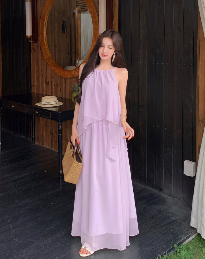 Gentle And Youthful Chiffon Two-Piece Set With Camisole Top and Skirt