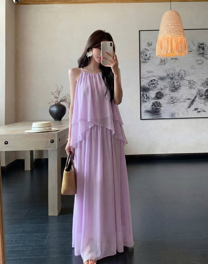 Gentle And Youthful Chiffon Two-Piece Set With Camisole Top and Skirt