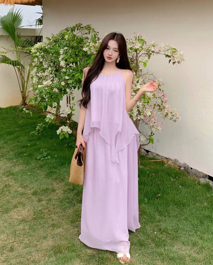 Gentle And Youthful Chiffon Two-Piece Set With Camisole Top and Skirt
