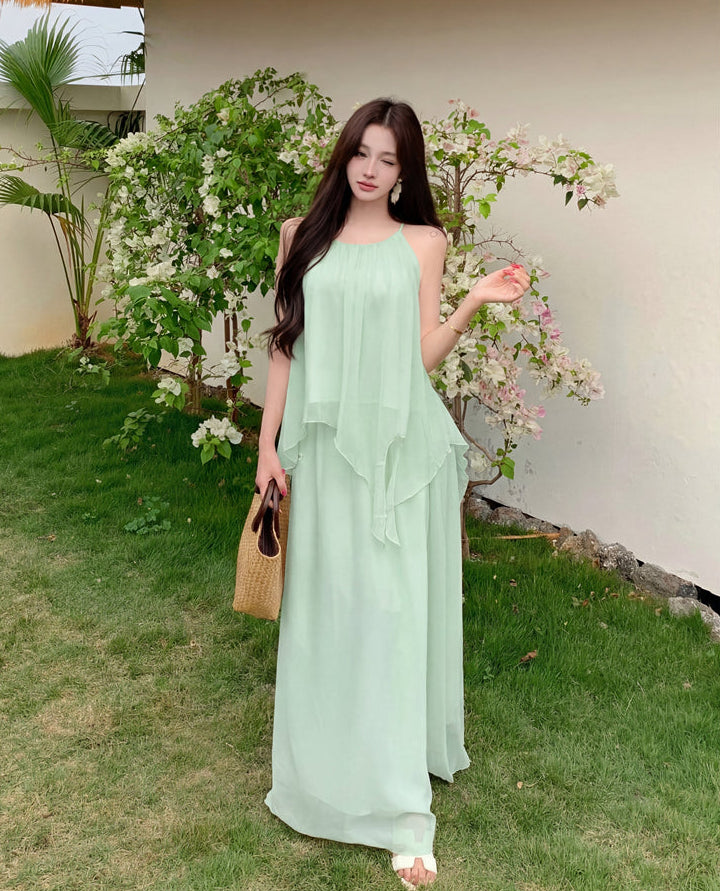 Gentle And Youthful Chiffon Two-Piece Set With Camisole Top and Skirt