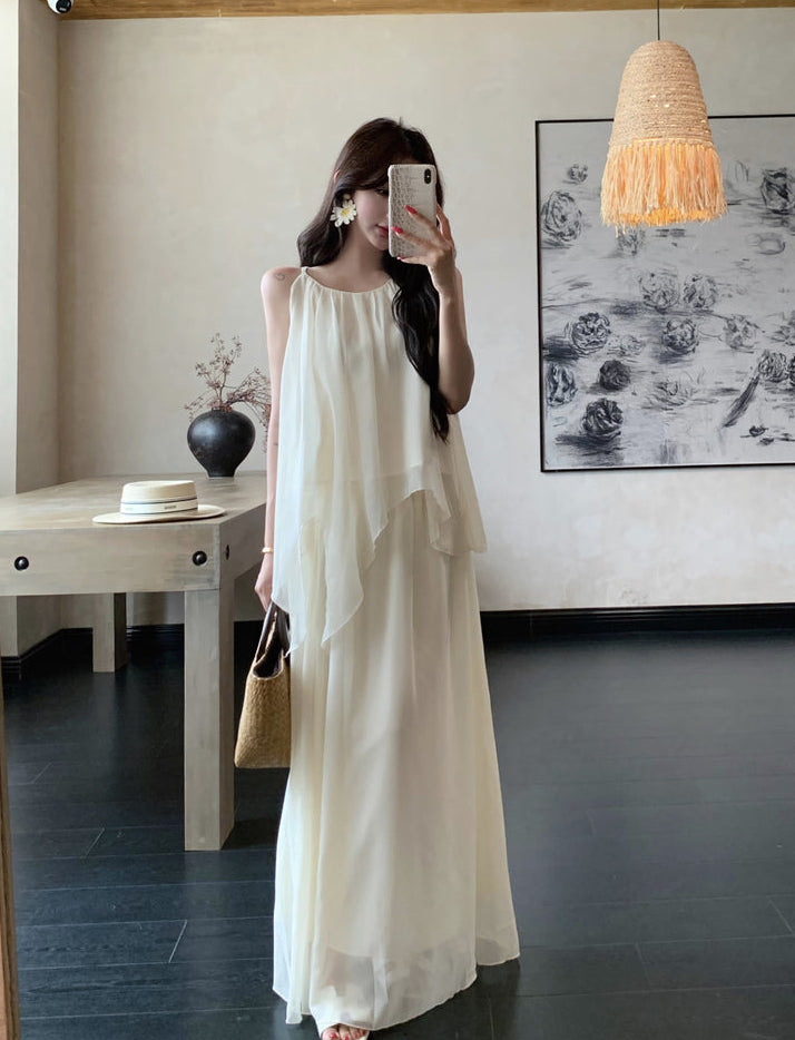 Gentle And Youthful Chiffon Two-Piece Set With Camisole Top and Skirt