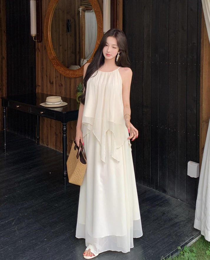 Gentle And Youthful Chiffon Two-Piece Set With Camisole Top and Skirt