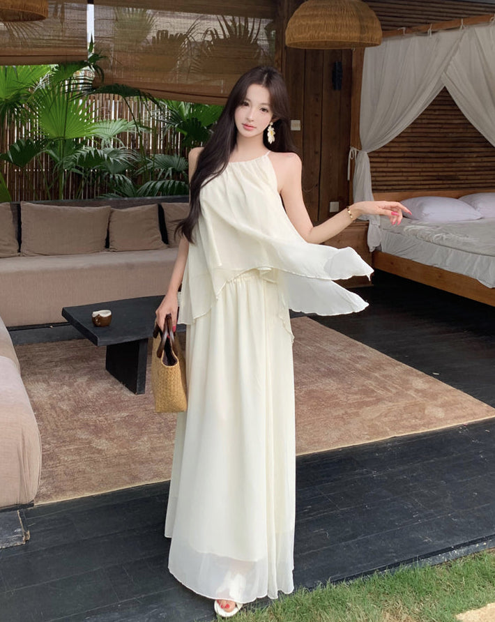 Gentle And Youthful Chiffon Two-Piece Set With Camisole Top and Skirt