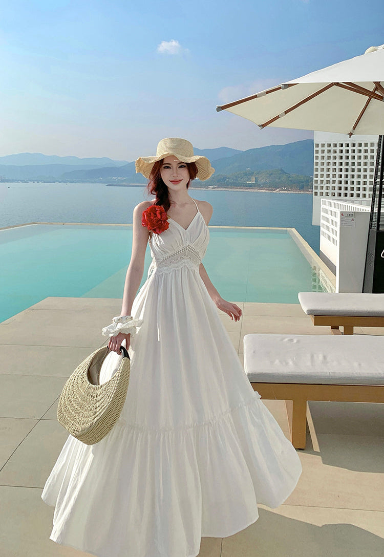 French-Style White Moonlight Halter Neck Backless Maxi Dress