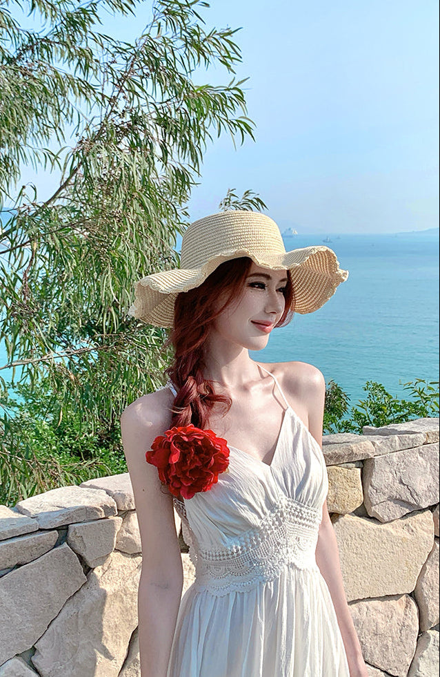 French-Style White Moonlight Halter Neck Backless Maxi Dress