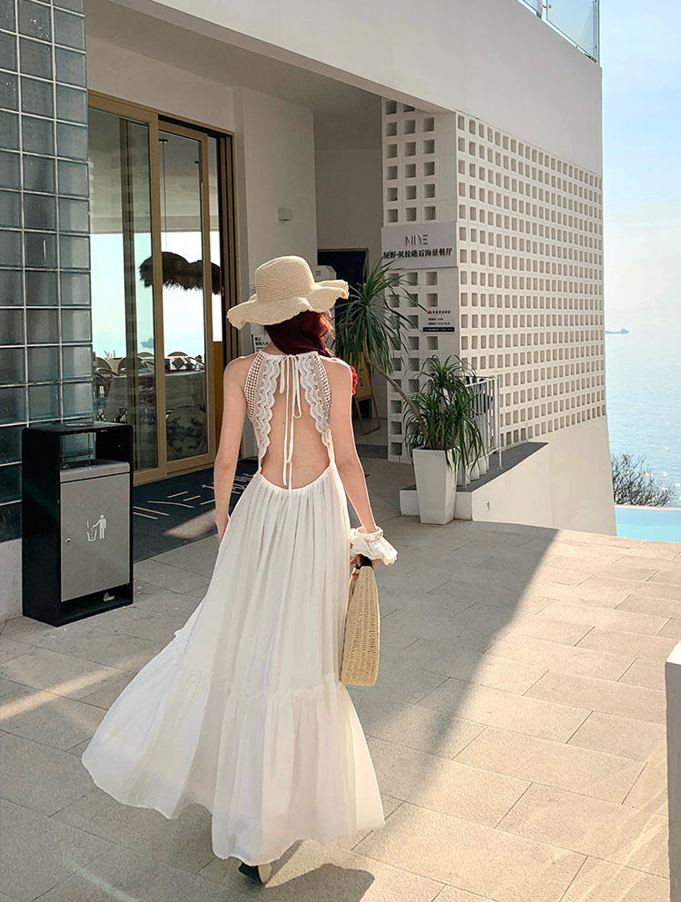 French-Style White Moonlight Halter Neck Backless Maxi Dress
