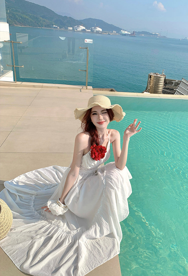 French-Style White Moonlight Halter Neck Backless Maxi Dress