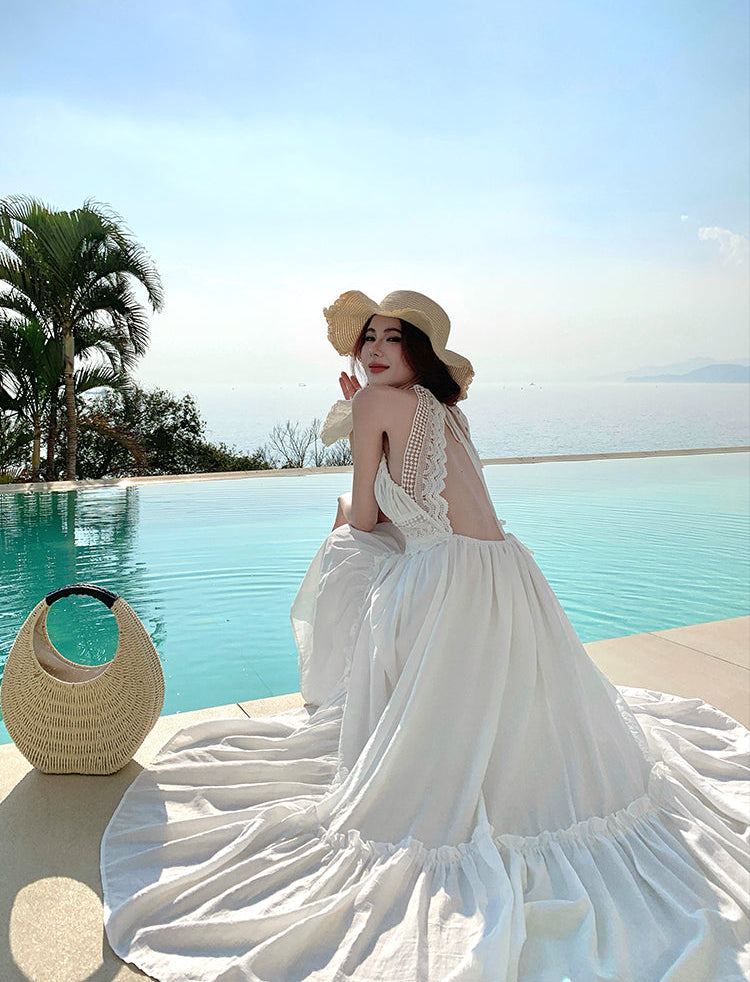 French-Style White Moonlight Halter Neck Backless Maxi Dress
