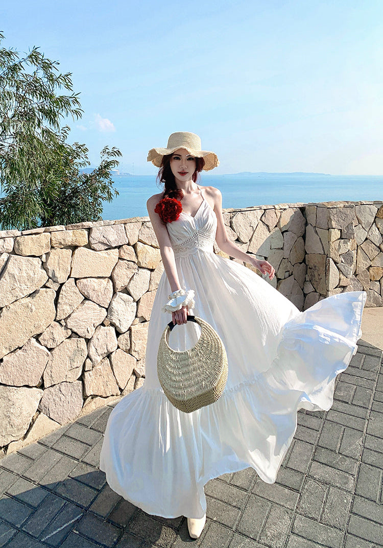 French-Style White Moonlight Halter Neck Backless Maxi Dress