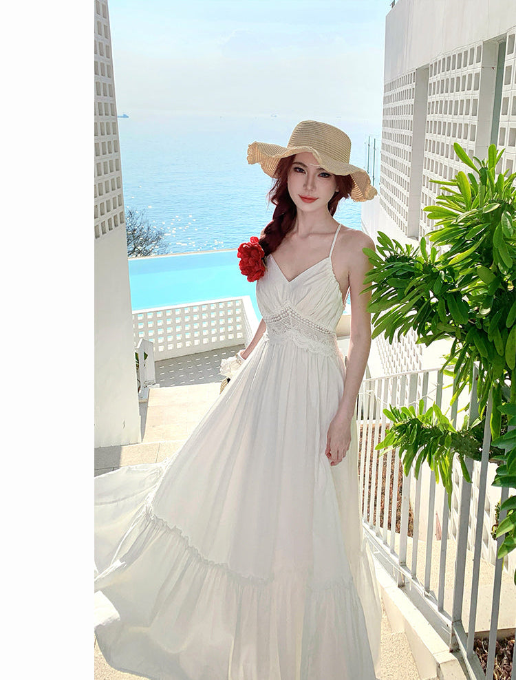 French-Style White Moonlight Halter Neck Backless Maxi Dress