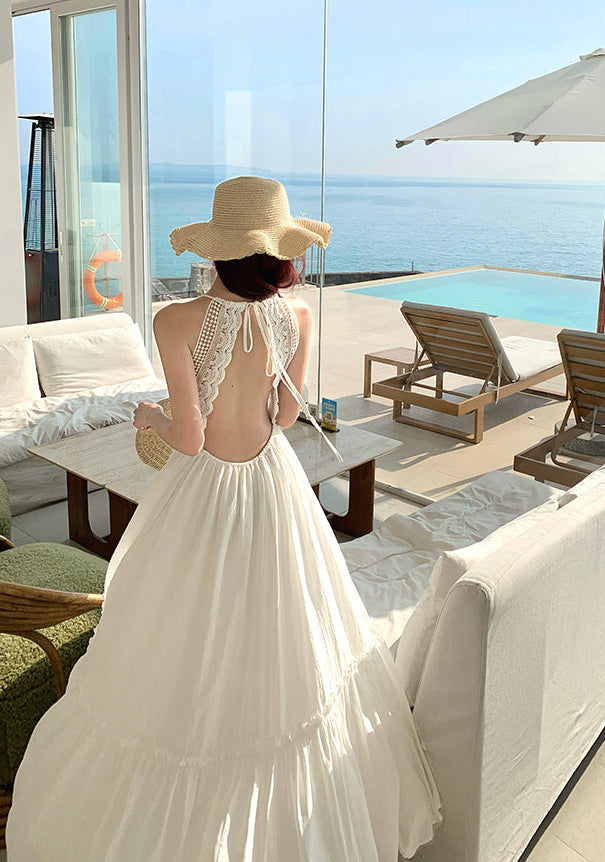 French-Style White Moonlight Halter Neck Backless Maxi Dress