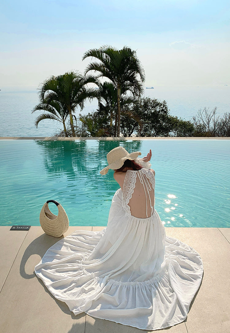 French-Style White Moonlight Halter Neck Backless Maxi Dress