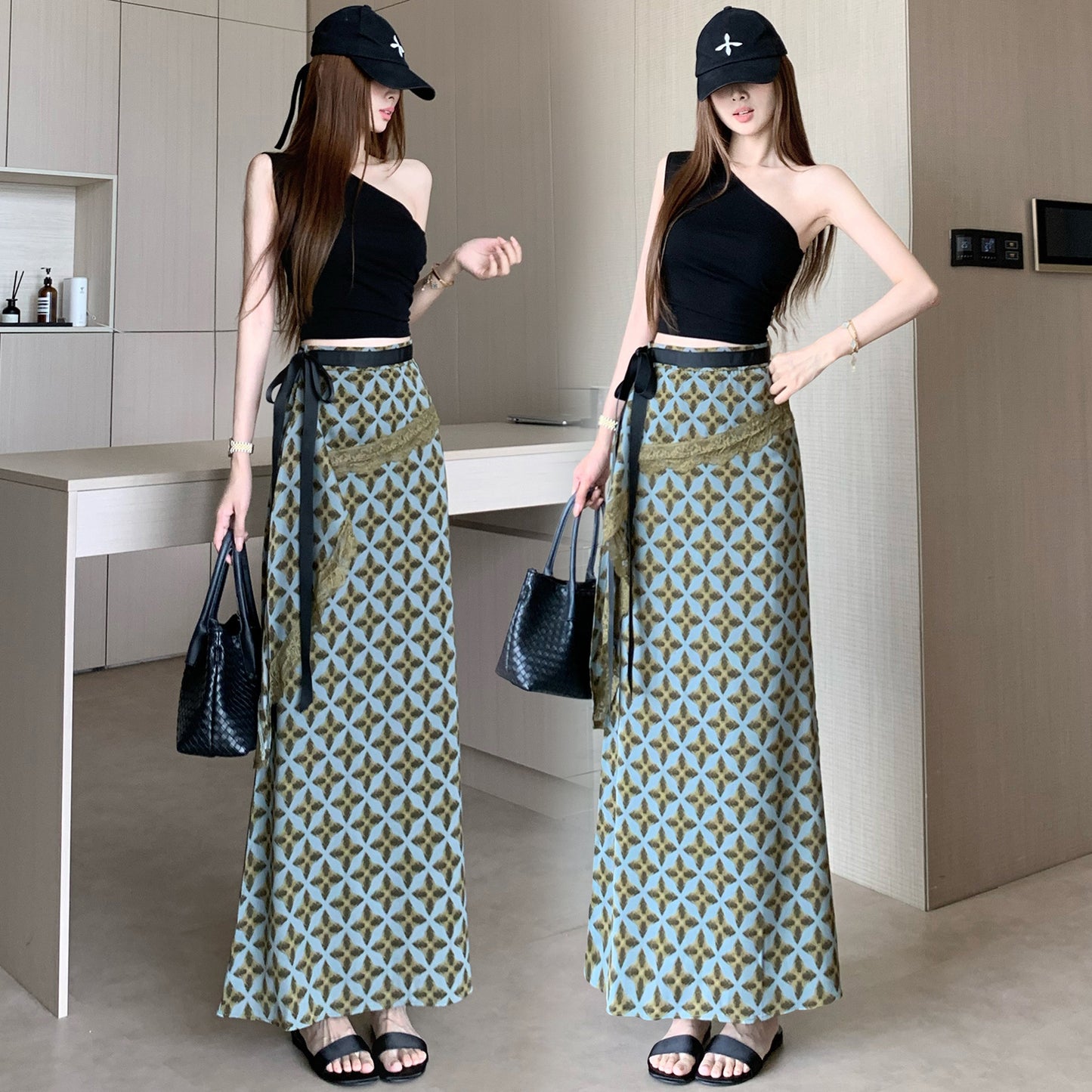 French-style high-end lace-trimmed plaid midi skirt