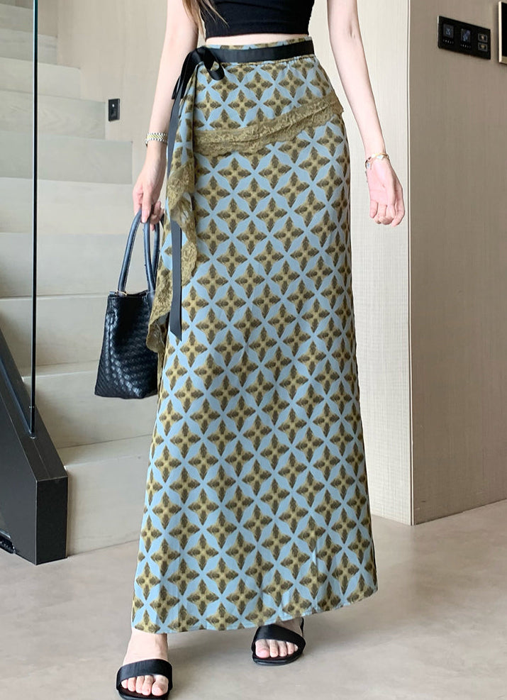 French-style high-end lace-trimmed plaid midi skirt